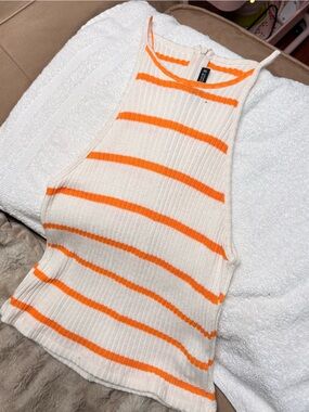 Zara Cream Ribbed Tank with Bright Orange Stripes